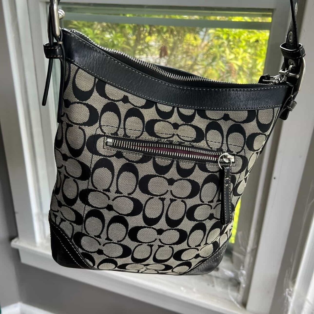 Coach Signature File Bag Black Grey Jacquard Crossbody F13010